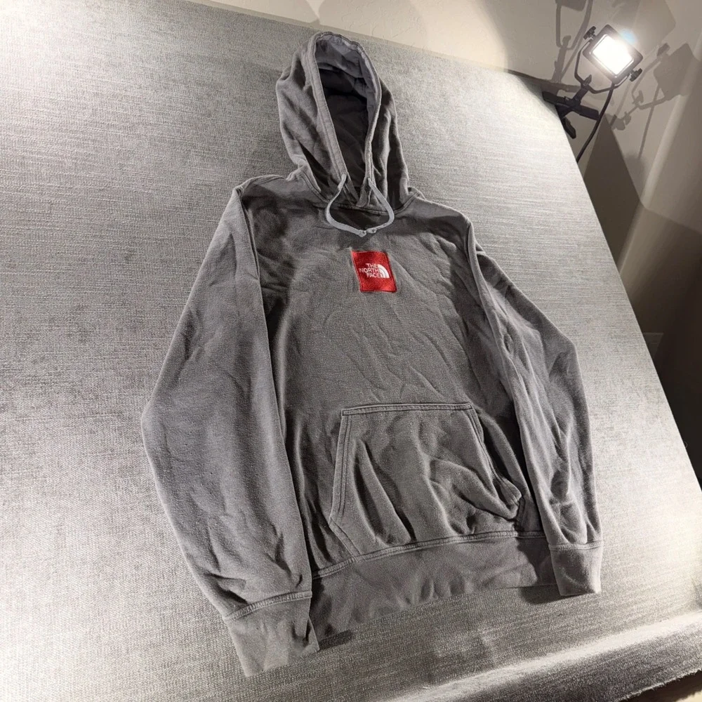 The North Face Hoodie Mens Large Gray Good‎ Red Box Logo Pullover Fleece